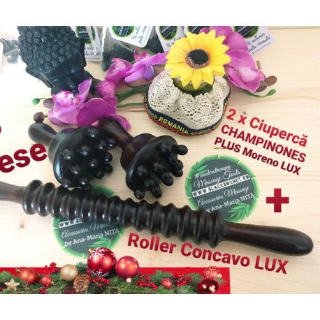Set 3 Piese Masaj Maderoterapie ( 2 x Ciuperca CHAMPINONES Plus MORENO Lux + 1 x Roller Concavo Lux ) + CADOU