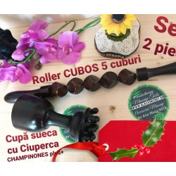 Set 2 Piese Masaj/Maderoterapie ( Roller CUBOS 5 cuburi + Cupa Sueca cu Ciuperca CHAMPINONES plus+ ) + CADOU