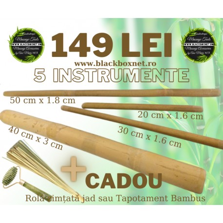 Set Profesional Complet 4 Bete Bambus (50 + 40 + 30 + 20 cm) Masaj + CADOU Rola Zimtata piatra JAD sau Tapotament Bambus