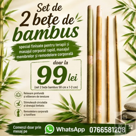 Set Profesional 2 Bete Bambus finisate pentru Masaj, 20 cm si 30 cm (diametru 2 cm - 4 cm) + CADOU la ALEGERE